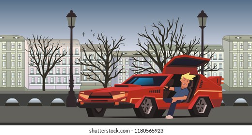 Young smiling guy sitting in red racing car on autumn city background. Traveler in the natural environment. Flat vector illustration, horizontal.