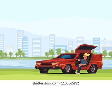 Young smiling guy sitting in red racing car on city park background. Traveler in the natural environment. Flat vector illustration, horizontal.