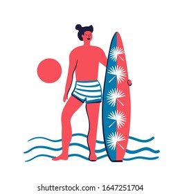 Young smiling guy standing with surfing board. Man in swim shorts. Tourist on vacation . Flat vector design