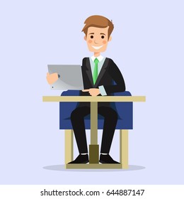 Young smiling and happy businessmen formal wear, working at laptop, friendly office environment, coworking space