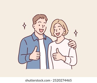 Young smiling happy couple two friends family man woman. thumbs up. Hand drawn style vector design illustrations.