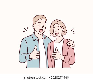 Jovem sorrindo feliz casal dois amigos homem de família mulher. polegares para cima. Ilustrações de design de vetor de estilo desenhado à mão.