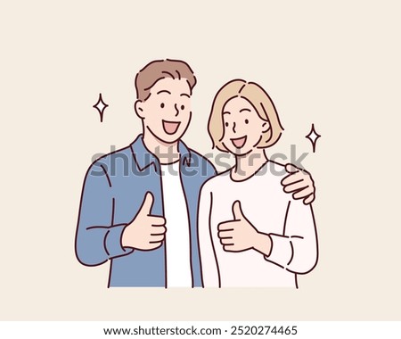 Young smiling happy couple two friends family man woman. thumbs up. Hand drawn style vector design illustrations.