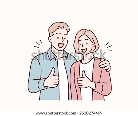 Young smiling happy couple two friends family man woman. thumbs up. Hand drawn style vector design illustrations.