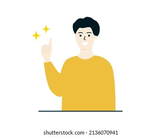 Joven sonriente hombre feliz mostrando su pulgar hacia arriba. Gesto de lenguaje corporal no verbal. Actitud positiva, concordancia, aprobación, concepto de éxito. Ilustración vectorial de diseño plano con fondo blanco.