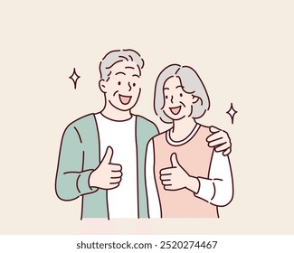 Young smiling happy old couple two friends family man woman. thumbs up. Hand drawn style vector design illustrations.