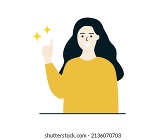 Joven sonriente mujer feliz mostrando su pulgar hacia arriba. Gesto de lenguaje corporal no verbal. Actitud positiva, concordancia, aprobación, concepto de éxito. Ilustración vectorial de diseño plano con fondo blanco.