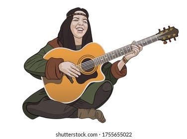 A young smiling hippie girl in a green jacket, gray pants, ribbon on her head, bracelets, baubles, on her hand, squatting and playing the guitar. Vector illustration, isolate on a white background.