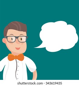  young smiling hipster boy in glasses talk via speech bubble. flat vector illustration with cute character.