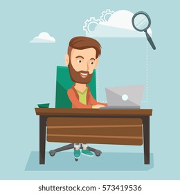 Young smiling hipster business man working on laptop under cloud. Caucasian business man using cloud computing technologies. Cloud computing concept. Vector flat design illustration. Square layout.