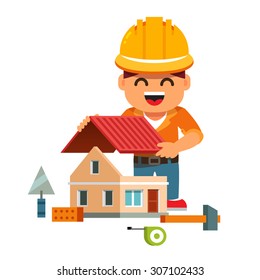Young smiling house builder in hardhat building home and mounting new roof. Flat style cartoon vector illustration isolated on white background.