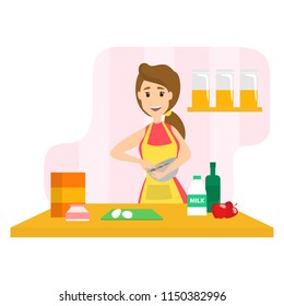 Young smiling housewife cooking apple pie in the kitchen using flour, milk and eggs. Delicious homemade dinner. Isolated flat vector illustration