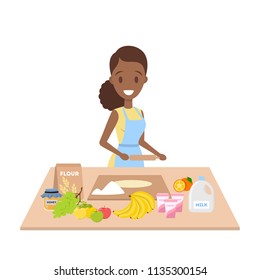 Young smiling housewife cooking pie in the kitchen using fresh fruits, milk and honey. Delicious homemade dinner. Isolated flat vector illustration