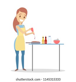Young smiling housewife cooking pie in the kitchen using flour, milk and eggs. Delicious homemade dinner. Isolated flat vector illustration