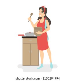 Young smiling housewife in red apron cooking pie in the kitchen. Delicious homemade dinner. Isolated vector illustration in cartoon style