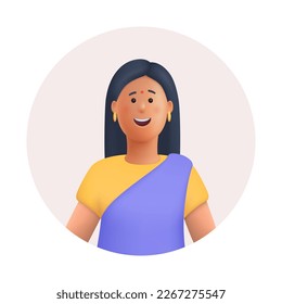 Young smiling Indian woman in traditional dress avatar. 3d vector people character illustration. Cartoon minimal style.