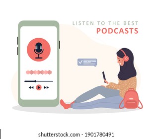 Young smiling islamic woman in headset listening to music and recording audio podcast. Logo, application, user interface. Vintage vector illustration in flat cartoon style.