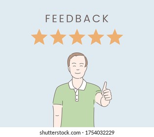 Young smiling joyful man showing thumb up vector cartoon outline illustration. Good feedback or rating with five golden stars, evaluation system, positive customer review banner design concept.