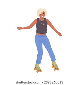 Young smiling joyful woman roller skater cartoon character enjoying extreme sport outdoors