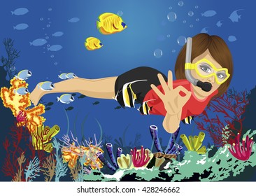 young smiling lady snorkeling and showing ok sign in tropical sea
