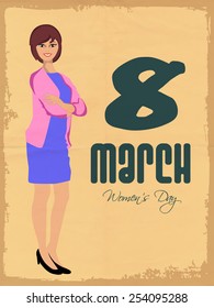 Young smiling lady in stylish pose on grungy background for International Women's Day celebration, can be used as template or brochure design.