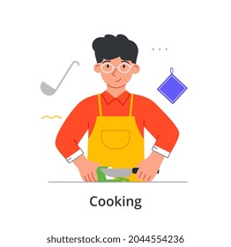 Young smiling male character in glasses is cutting ingredients for the dish he makes at home on white background. Young people trying their best to cook at home. Flat cartoon vector illustration