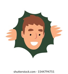 Young Smiling Male Character Hiding in Bushes and Looking Out, View from Above Vector Illustration