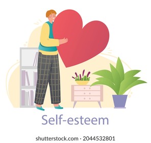 Young smiling male character is holding big red heart as an act of self love on white background. Concept of love yourself, body positive, confidence. Flat cartoon vector illustration
