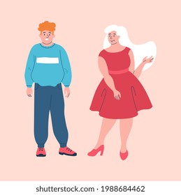 Young smiling male and female characters wearing baggy clothes to hide their fat on pink background. Concept of loving your body and supporting body positive movement. Flat cartoon vector illustration