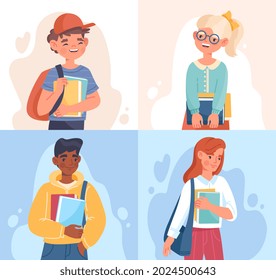 Young smiling male and female characters with books are ready to go to school. Concept of school, education, study, learning. Back to school and getting knowledge. Flat cartoon vector illustration