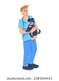 a young smiling male veterinarian holds a cute puppy in his arms. veterinary care