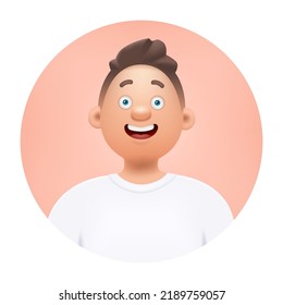 Young smiling man. 3D avatar of a happy guy. Vector illustration in cartoon style