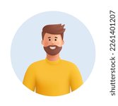 Young smiling man avatar. Man with brown beard, mustache and hair, wearing yellow sweater or sweatshirt. 3d vector people character illustration. Cartoon minimal style.