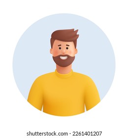 Joven avatar de un hombre sonriente. Hombre con barba marrón, bigote y pelo, con suéter amarillo o sudadera. Ilustración de caracteres de personas vectoriales 3d. Dibujo de estilo mínimo.
