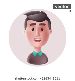 Young smiling man avatar in circle frame. Realistic 3D style vector character illustration in cartoon style. Stunning icon for user person profile, happy ID card, joyful social media.