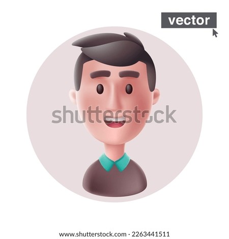 Young smiling man avatar in circle frame. Realistic 3D style vector character illustration in cartoon style. Stunning icon for user person profile, happy ID card, joyful social media.