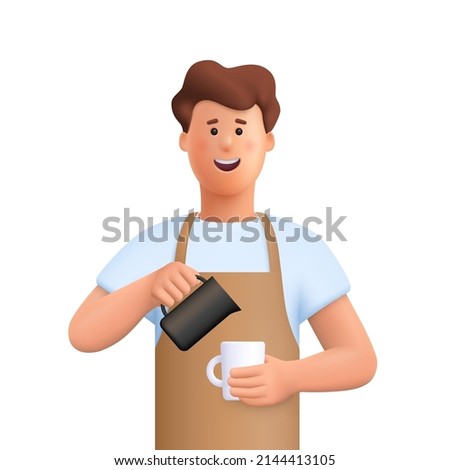 Young smiling man barista  wearing apron standing whipped milk into the coffee mug. Coffee shop, coffee time and take away concept. 3d vector people character illustration.Cartoon minimal style.