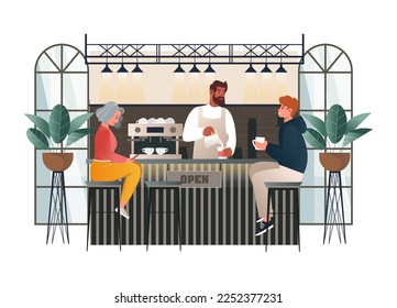 Young smiling man barista whipped milk into the coffee mug. Cozy relaxing coffee shop interior with people. Barista and customers inside modern cafe. Colored flat vector illustration of coffee shop