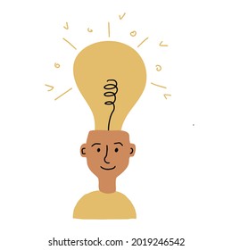 Young smiling man with a burning light bulb on his head. Concept of the emerging idea. Flat vector illustration isolated on white background