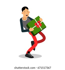 Young smiling man carrying a heavy green gift box cartoon character vector Illustration