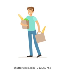 Young smiling man carrying two bags with food products , house husband shopping in grocery store vector Illustration