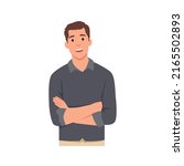 Young smiling man cartoon character keeping arms crossed,. Businessman standing with folded arms pose. Flat vector illustration isolated on white background