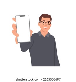 Young smiling man cartoon character showing blank mobile, cell phone . Flat vector illustration isolated on white background