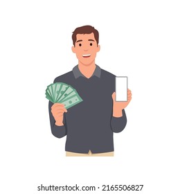 Young smiling man cartoon character holding money and showing his phone . Flat vector illustration isolated on white background