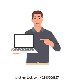 Young smiling man cartoon character holding or showing the blank screen of a laptop computer and pointing hand finger. . Flat vector illustration isolated on white background