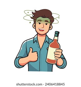 Young smiling man cartoon character standing holding bottle of wine, whiskey or other alcohol drink and ready to have it alone. Vector cartoon illustration.