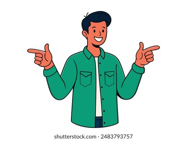 Personaje de dibujos animados de hombre joven sonriente con camisa de pie mirando a la cámara y señalando con dos manos y dedos a un lado. Ilustraciones de diseño de Vector dibujado a mano.