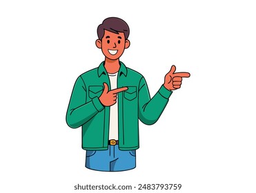 Personaje de dibujos animados de hombre joven sonriente con camisa de pie mirando a la cámara y señalando con dos manos y dedos a un lado. Ilustraciones de diseño de Vector dibujado a mano.