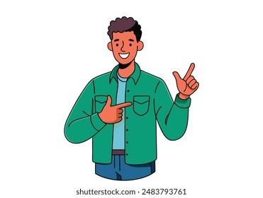 Personaje de dibujos animados de hombre joven sonriente con camisa de pie mirando a la cámara y señalando con dos manos y dedos a un lado. Ilustraciones de diseño de Vector dibujado a mano.