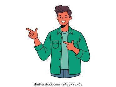 Personaje de dibujos animados de hombre joven sonriente con camisa de pie mirando a la cámara y señalando con dos manos y dedos a un lado. Ilustraciones de diseño de Vector dibujado a mano.